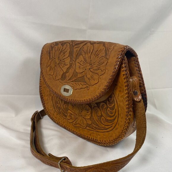 Western Hand Tooled Leather Handbag VTG Handmade Floral Purse Strap Brass - Picture 10 of 11